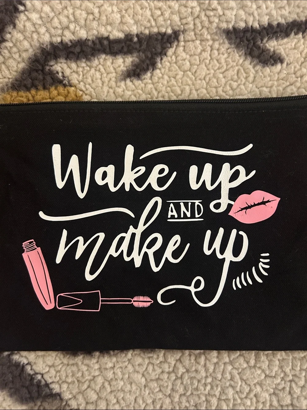 Wake Up and Make Up Makeup Bag - Black with Pink & White Graphic